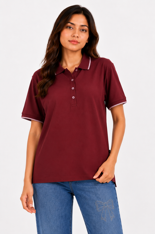 Burgundy Contrast Collar Polo Shirt