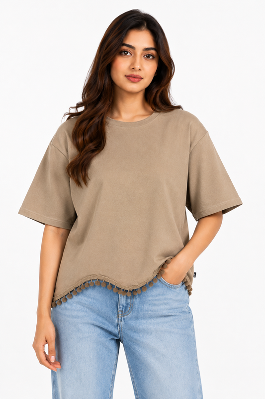 Sand Pom-Pom Trim Tee